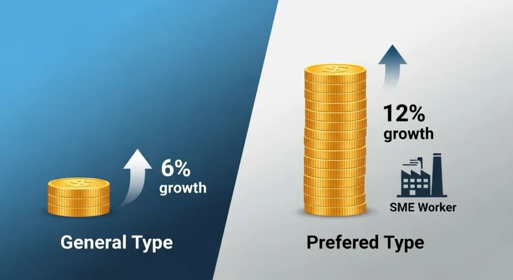 일반형과 우대형 청년미래적금의 혜택 차이를 시각적으로 보여주는 이미지. 우대형이 더 높은 이율과 중소기업 지원 아이콘을 포함하고 있습니다.