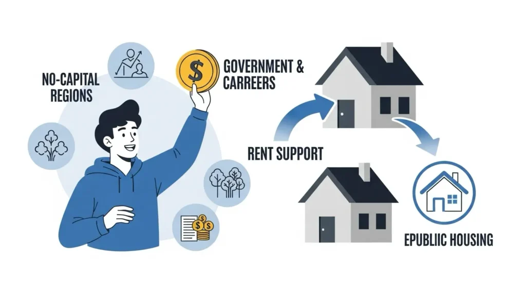 청년 일자리와 주거 지원 정책을 시각화한 이미지. 비수도권 중소기업 청년의 근속 인센티브와 청년 월세 지원, 공공임대주택 확대가 표현되어 있습니다.