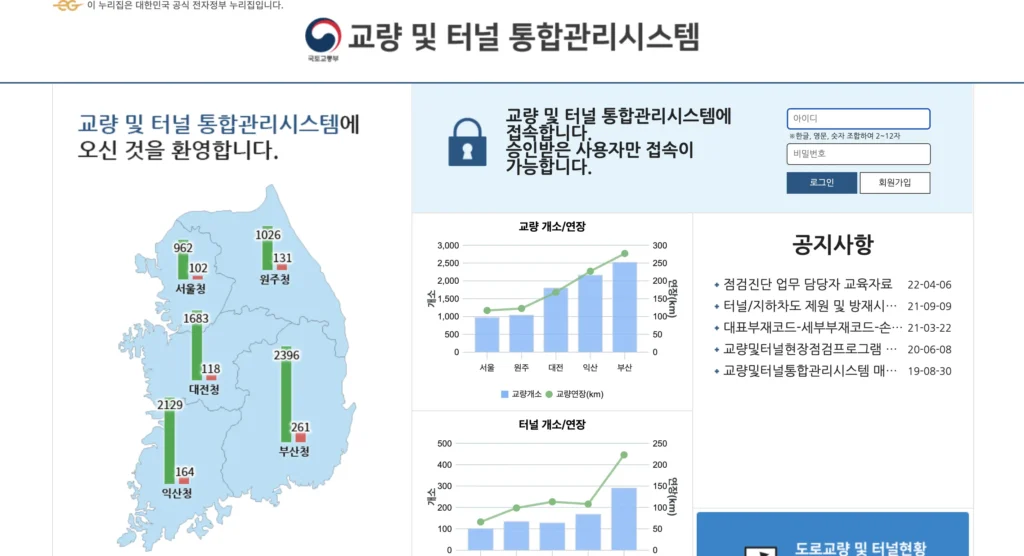 교량터널통합관리시스템 홈페이지