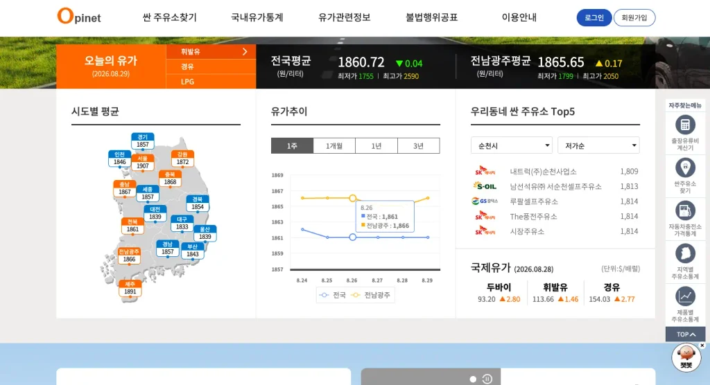 오피넷 유가조회 홈페이지